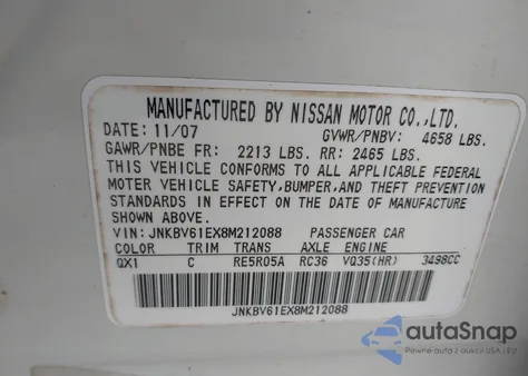 2008 Infiniti G35 Journey from USA, damaged, VIN JNKBV61EX8M212088